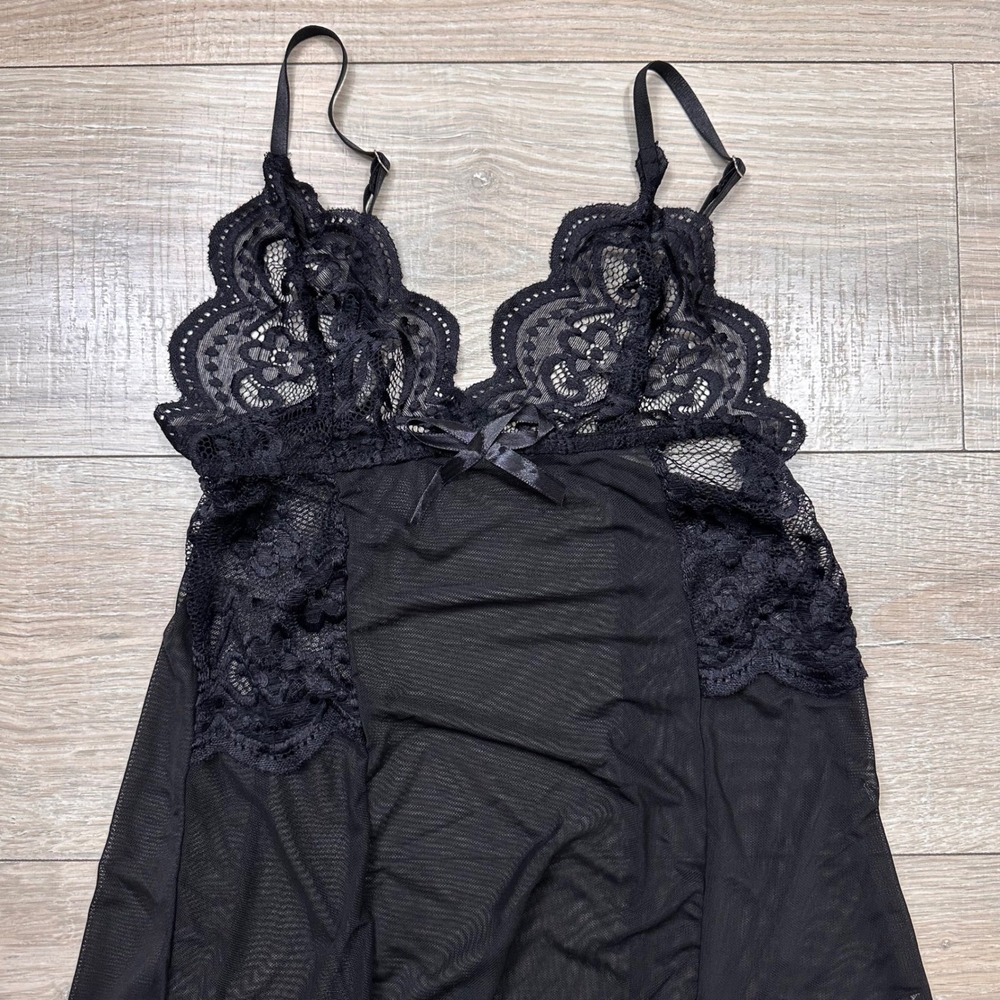 Black Mesh Lace Cami Mini Dress Lingerie Sexy Feminine Babydoll 2 piece Small - Picture 7 of 9